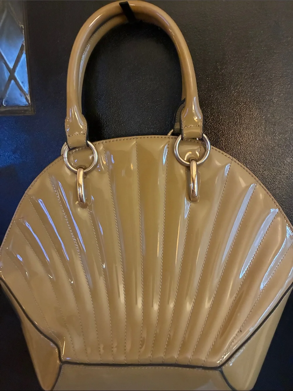 Roberto Cavalli Y2K Patent Dome Seashell Satchel in Tan with Gold Hardware